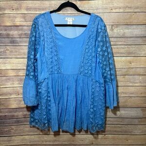 Paisley Vine Blue Babydoll Layered Tunic Bohemian Blouse 2X